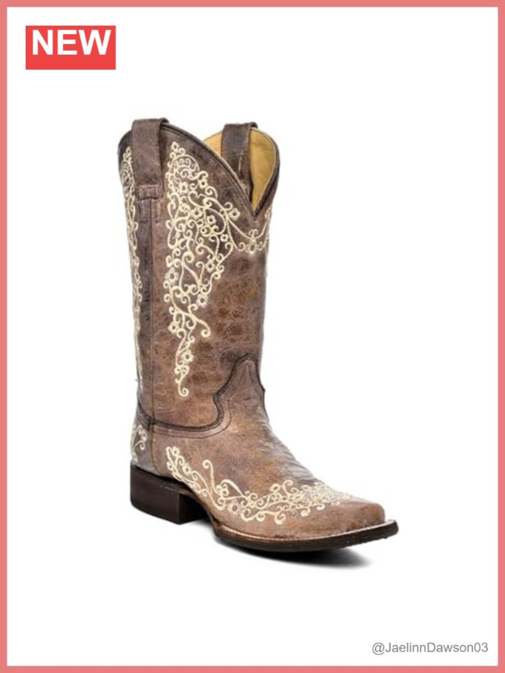 Western Leather Boots Embroidered Square Toe Pull-On Stacked Heel